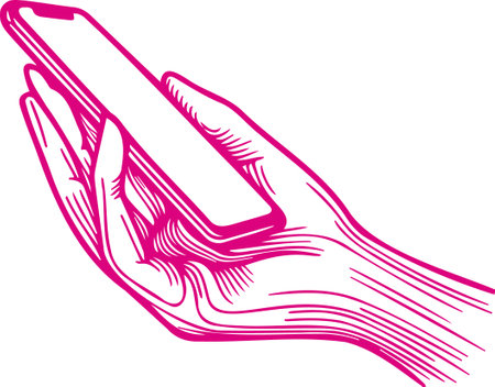 Illustration of a hand holding a mobile phone on isolated white backgroundのイラスト素材