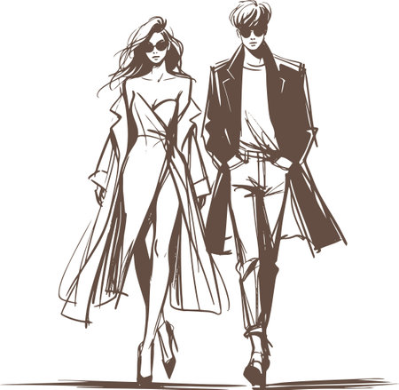 modern fashion couple stylishly dressed he and she go forward simple sketch drawingのイラスト素材