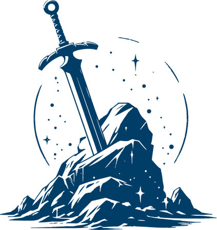 simple stencil drawing of a sword sticking out of a stone with the handle pointing upのイラスト素材