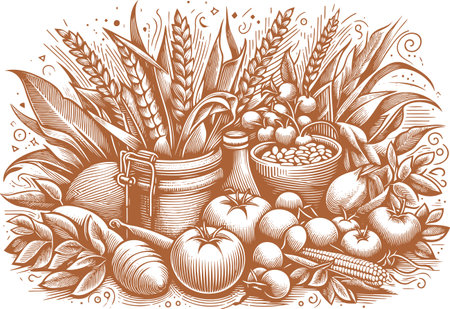 abundance of a large harvest at the end of the season stencil drawing in the style of engravingのイラスト素材