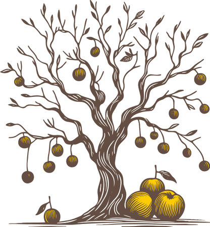 Illustration of a tree with large yellow fruits and branches without leavesのイラスト素材