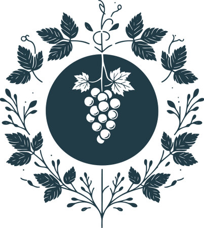 Stylized composition with a bunch of grapes and ornate branches in a stencilのイラスト素材