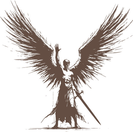 angel with hand raised up above head holds sword in other hand Abstract silhouette stencil sketch drawingのイラスト素材