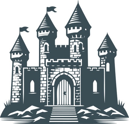 Castle with massive walls and flags on the towers stylized in vintage style simple minimalistic stencil drawingのイラスト素材