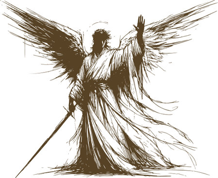angel with sword in one hand stops with the other hand Abstract silhouette stencil sketch drawingのイラスト素材