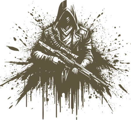 Illustration of a hooded vigilante with a weapon and splash effectのイラスト素材