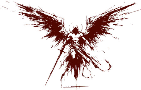hovering angel with sword in hand Abstract silhouette stencil sketch drawingのイラスト素材