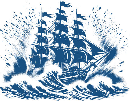 Illustration of a sailboat with dynamic waves and splashes effectのイラスト素材