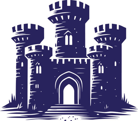 Illustration of a castle with a central tower and four side towers simple stencil minimalist drawingのイラスト素材