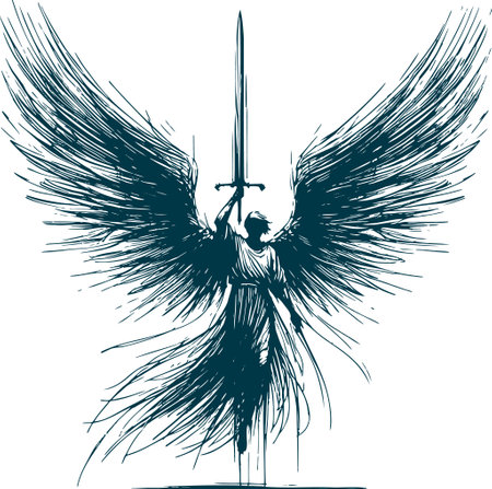 hovering angel raised sword over head tip up Abstract silhouette stencil sketch drawingのイラスト素材