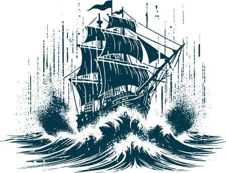 Illustration of a sailing ship fighting the wavesのイラスト素材