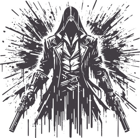 Mysterious silhouette of a man in a hood with pistols in his hands stylized as splashingのイラスト素材