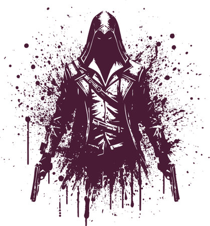 Stencil silhouette of a fabulous armed man with pistols in a hoodのイラスト素材