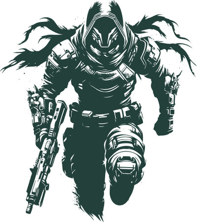 silhouette warrior with weapon in hand running forward front viewのイラスト素材