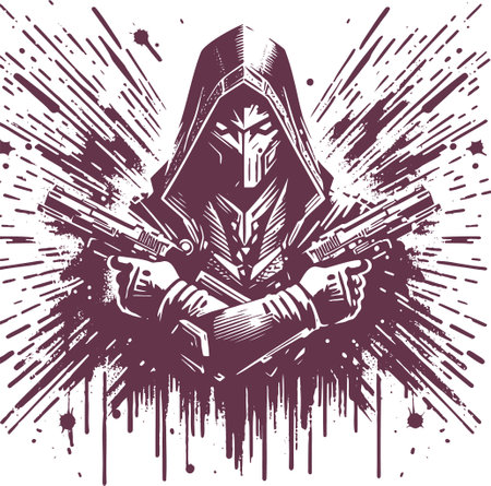 Mysterious hooded man holding guns stylized as splashのイラスト素材