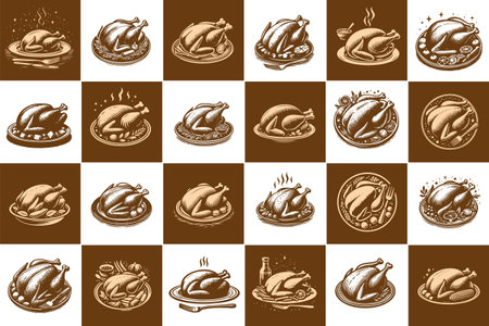 Collection of vintage stencil prints of roasted poultry carcassesのイラスト素材