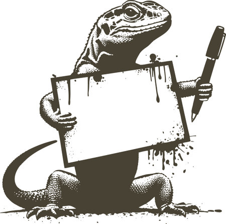Art illustration of a sitting lizard holding a blank sheet of paper and a pen for writing minimalistic stencil graphic styleのイラスト素材