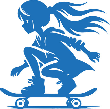 girl crouching skateboarding simple vector stencil drawingのイラスト素材