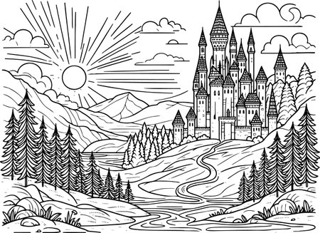 Ancient castle on a mountainside in a landscape detailed coloring pageのイラスト素材