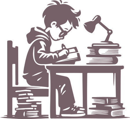 boy writing at table with desk lamp books nearby stencil silhouette minimalismのイラスト素材