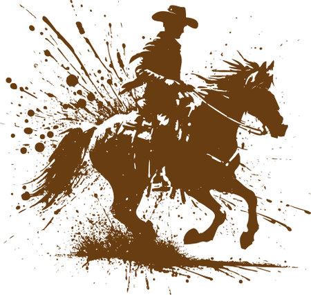 cowboy in hat galloping on horse vector stencil illustration with paint drip effectのイラスト素材
