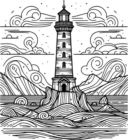 Coloring of a lighthouse standing on a rock in the middle of the sea stylish graphic designのイラスト素材