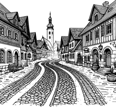 Detailed vector coloring page of an ancient cobblestone streetのイラスト素材