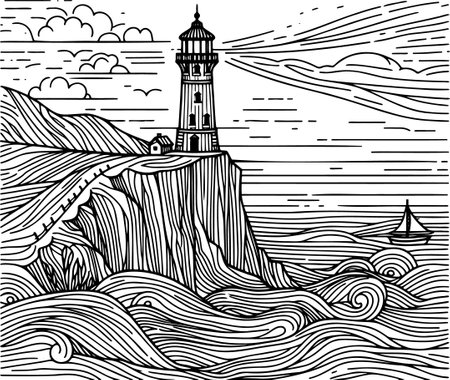 Detailed coloring drawing of a lighthouse standing on a mountainside by the seaのイラスト素材