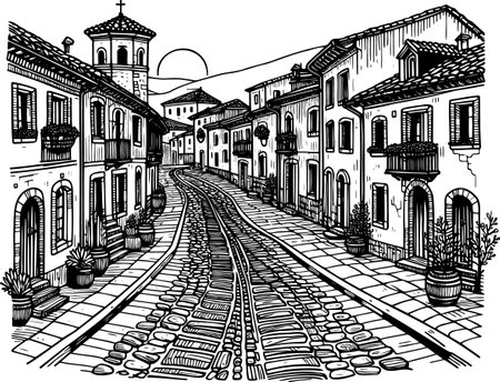 Detailed coloring page of a cobblestone street in an old cityのイラスト素材