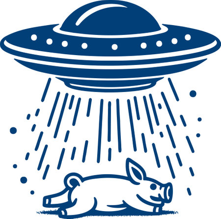 Flying saucer kidnaps pig fantasy stencil illustrationのイラスト素材