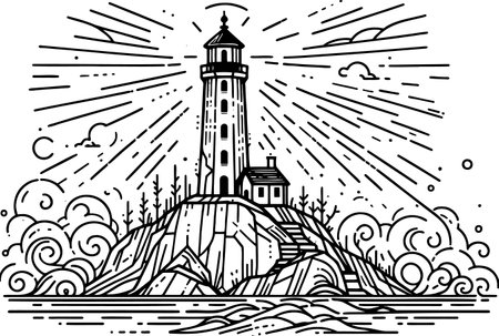 etailed seascape with a stylish lighthouse coloringのイラスト素材