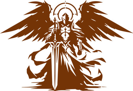 Guardian angel in armor with a big sword in a straightforward stencil designのイラスト素材