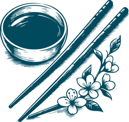 Illustration of chopsticks with sauce in a plate near a blossoming sakura branchのイラスト素材