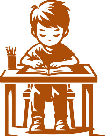 illustration of a boy writing at his desk front viewのイラスト素材