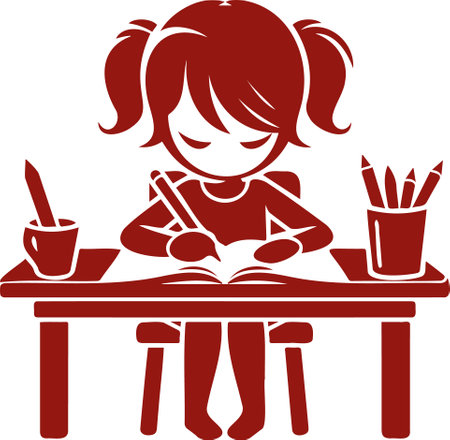 Girl writing at table illustration minimalism front viewのイラスト素材