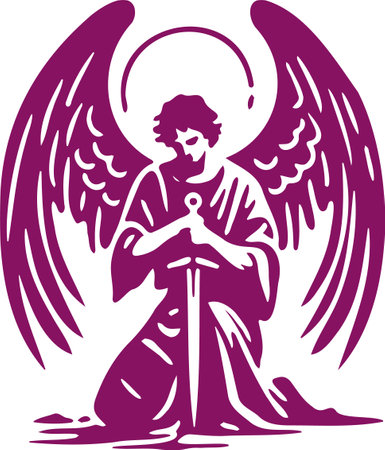 Grieving angel with wings and sword kneeling with bowed head stencilのイラスト素材