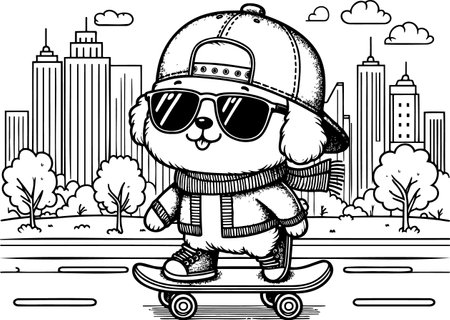 Graphic coloring picture of a dog in a cap and glasses riding a skateboardのイラスト素材