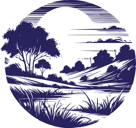 Illustration of meadows with trees and hills in minimalist stencil styleのイラスト素材
