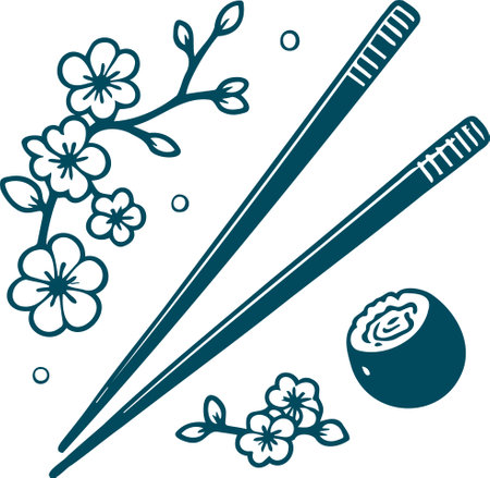 Minimalistic stencil drawing of sushi and chopsticks with a flowering sakura branchのイラスト素材