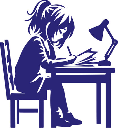 Schoolgirl girl writing at table under desk lamp stencil illustrationのイラスト素材