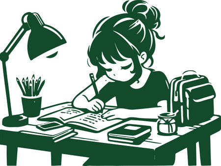 Silhouette of a girl at a desk with a lamp drawing minimalismのイラスト素材