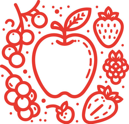 Illustration of fruits and berries in a circular composition with an emphasis on the appleのイラスト素材