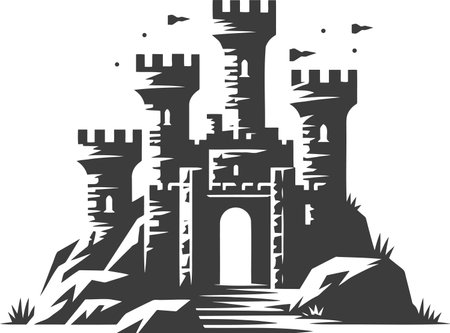 Castle with strong towers and arched entrance made in vintage illustration style simple minimalistic stencil drawingのイラスト素材