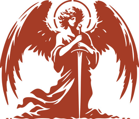 Angel kneeling with wings and sword in mourning simple stencilのイラスト素材