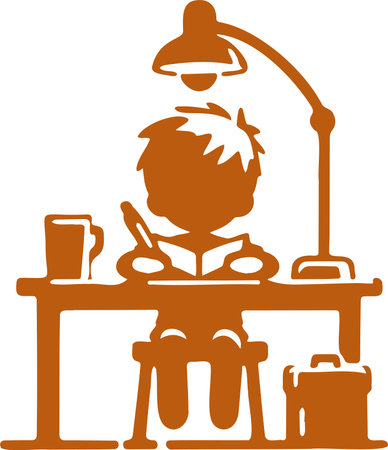 Silhouette of a schoolboy boy writing at his desk under a table lampのイラスト素材