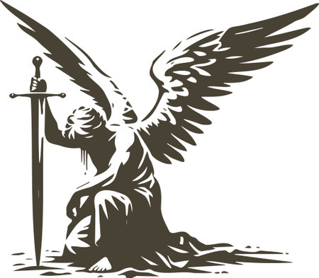 Simple vector stencil of a grieving angel kneeling with wings and swordのイラスト素材