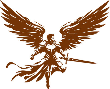 Stencil illustration of a guardian angel in armor wielding a large swordのイラスト素材