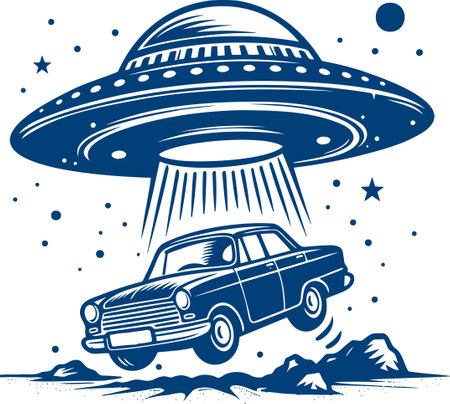 UFO abducts a passenger car stencil illustration in minimalist styleのイラスト素材