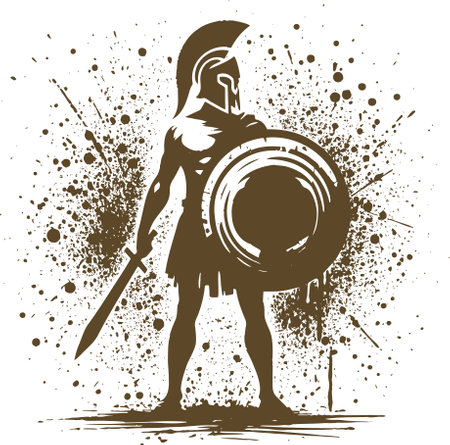 Vector silhouette Spartan warrior with splattered shield and swordのイラスト素材