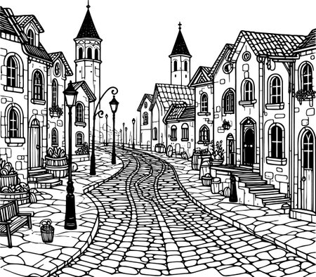Vector illustration of a cobblestone street in an old town for coloringのイラスト素材